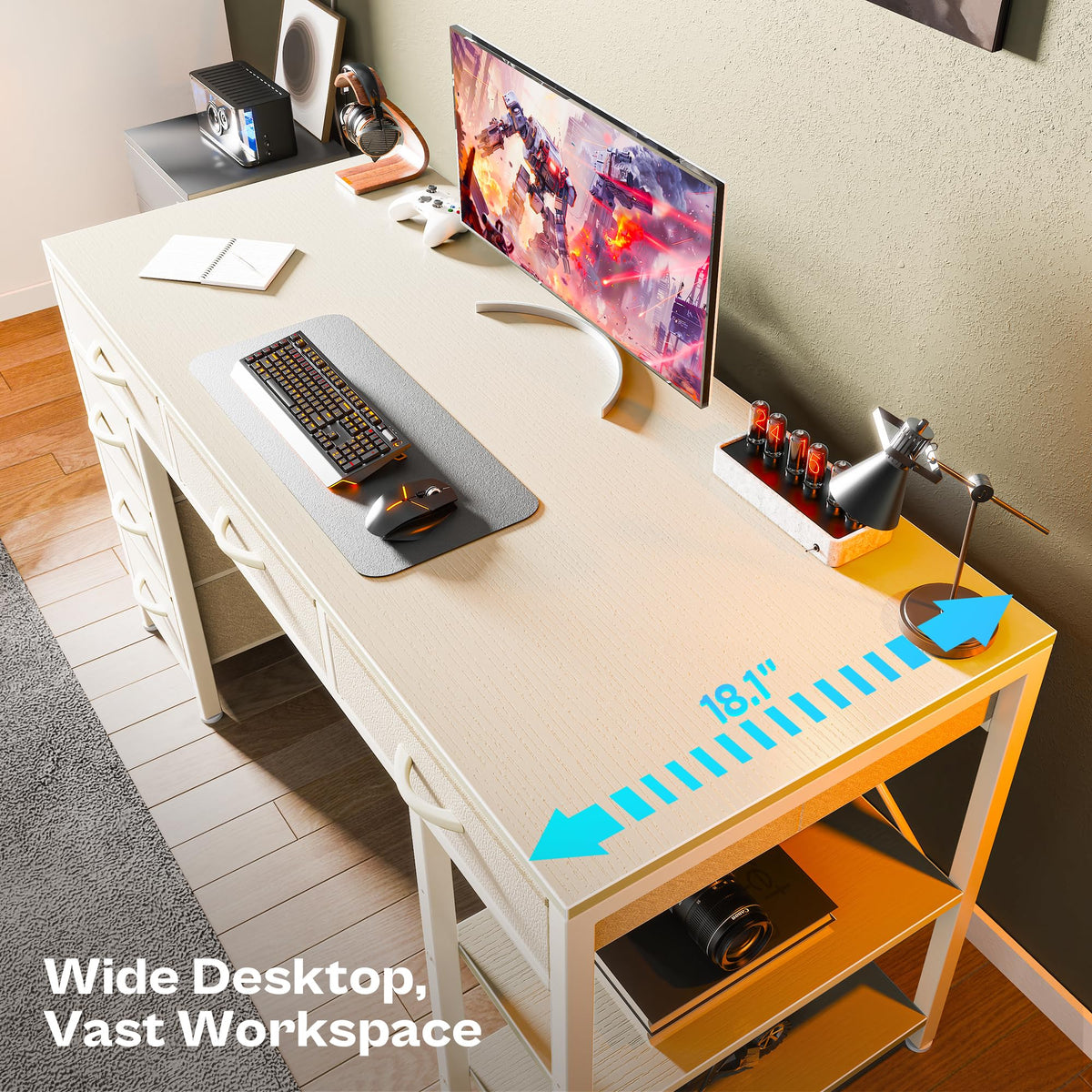 White 6 Drawer Computer Desk with Shelves I381007