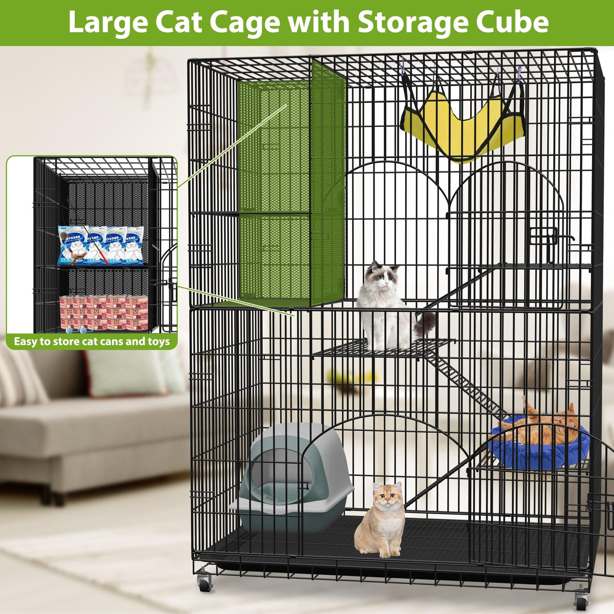 Extra Large 4-Tier Indoor Cat Cage with Wheels W9135