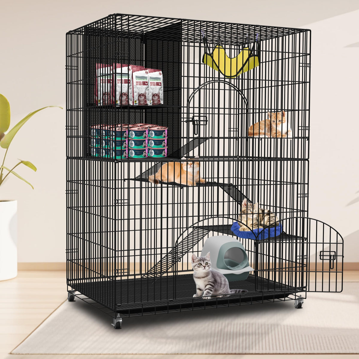 Extra Large 4-Tier Indoor Cat Cage with Wheels W9135