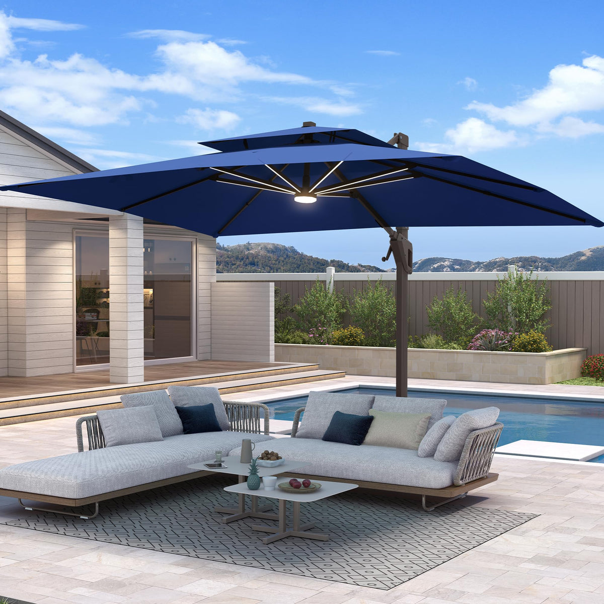 10 X 13 FT Cantilever Patio Umbrella with Base & Lights D4162