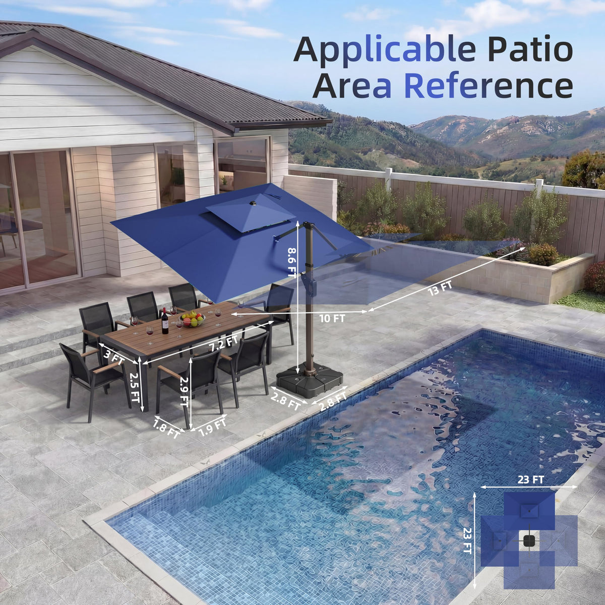 10 X 13 FT Cantilever Patio Umbrella with Base & Lights D4162
